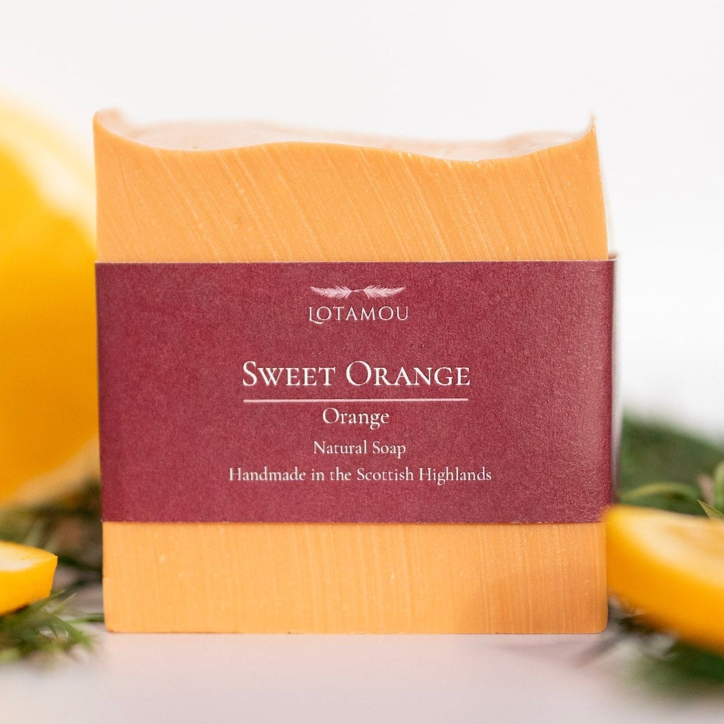 Bar of soap with a maroon label on a white background