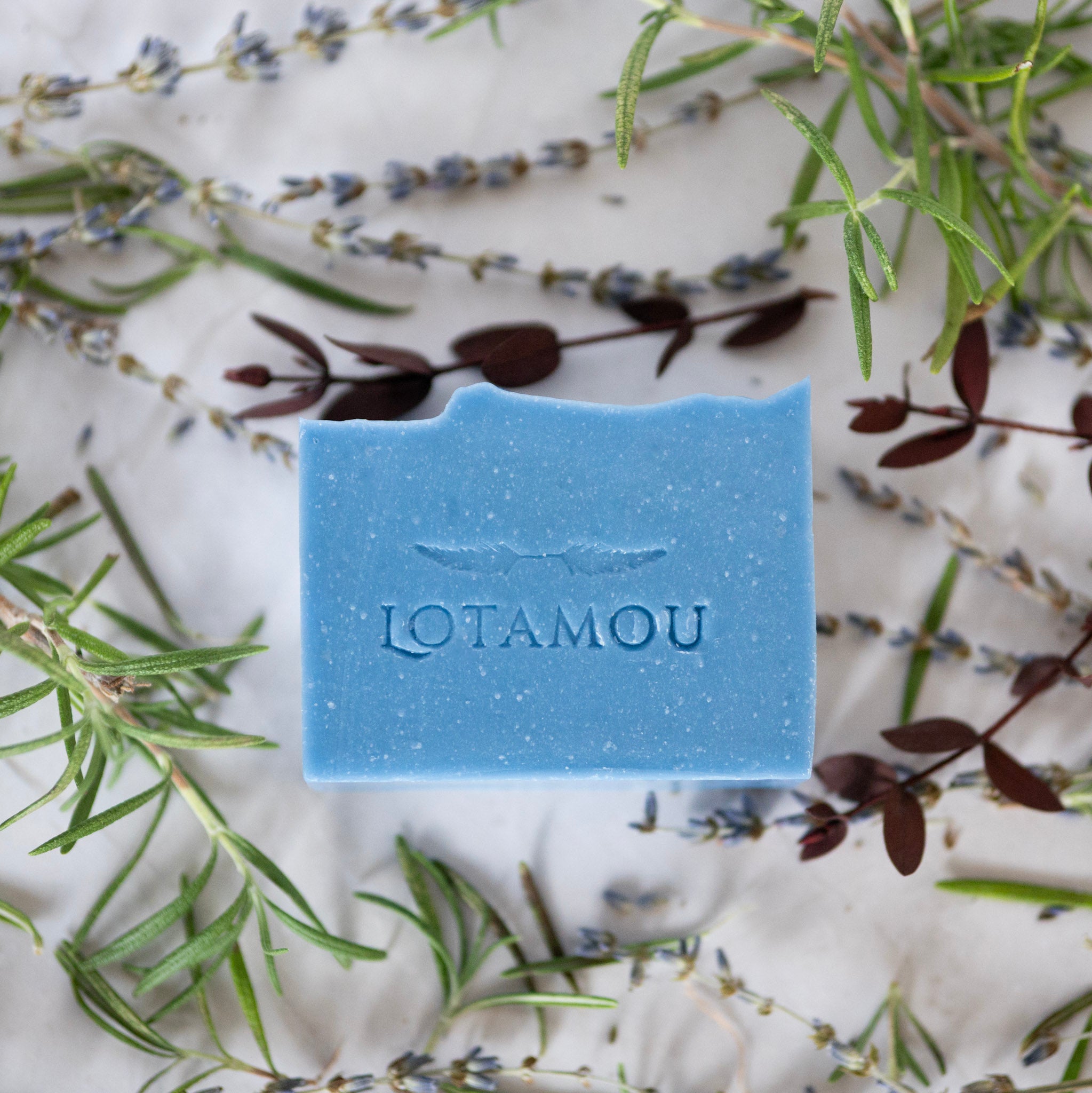 Blue soap bar with 'LOTAMOU' branding surrounded by green herbs and lavender on a white background