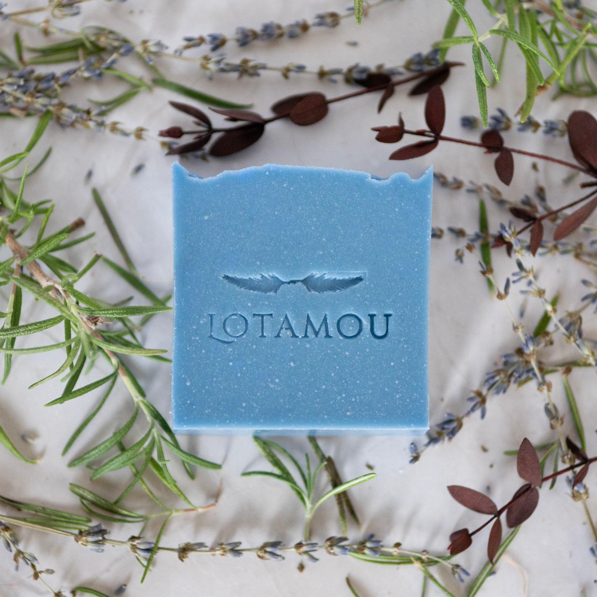 Blue soap bar with 'LOTAMOU' branding on a background of greenery