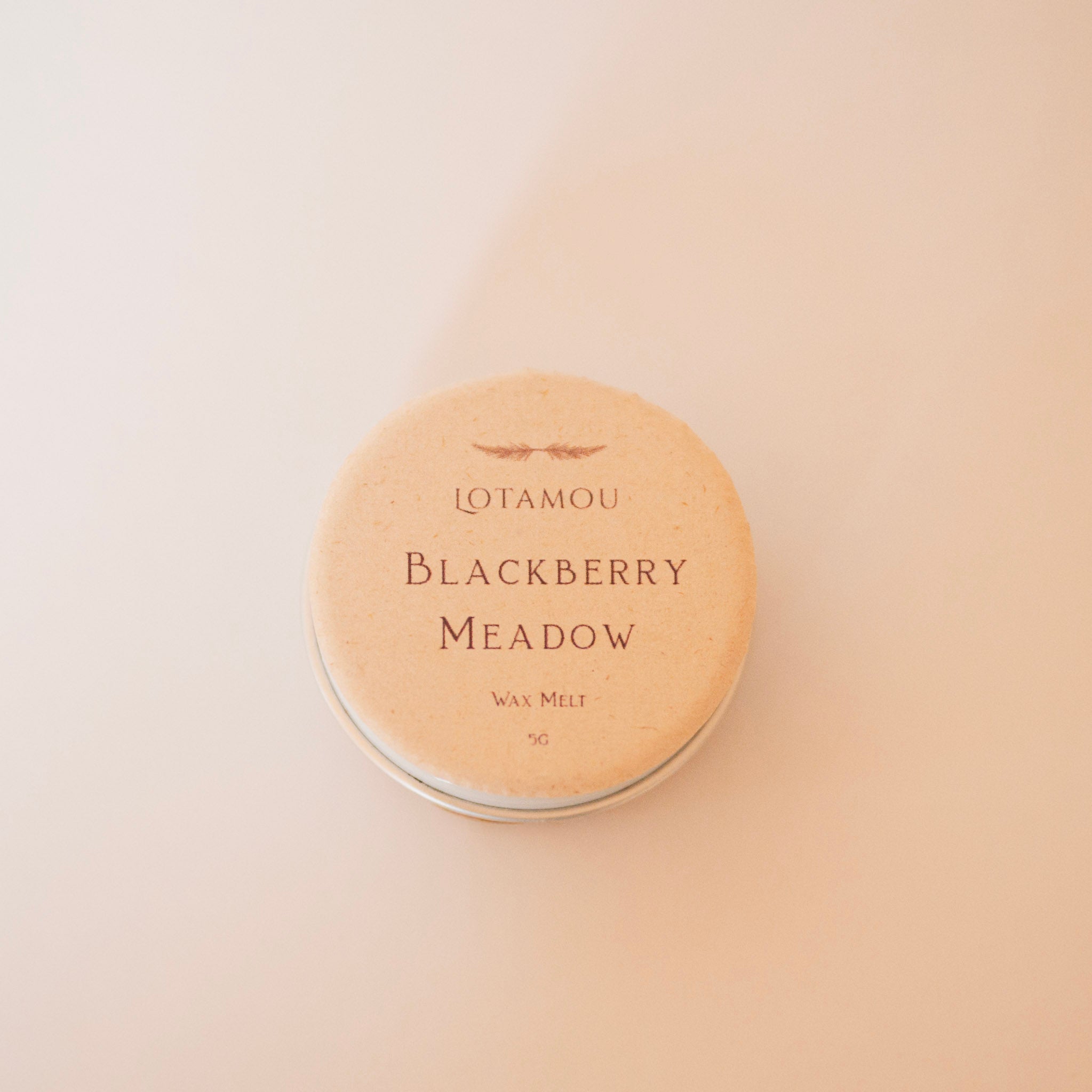 Wax melt container labeled 'Blackberry Meadow' by LOTAMOU on a beige background