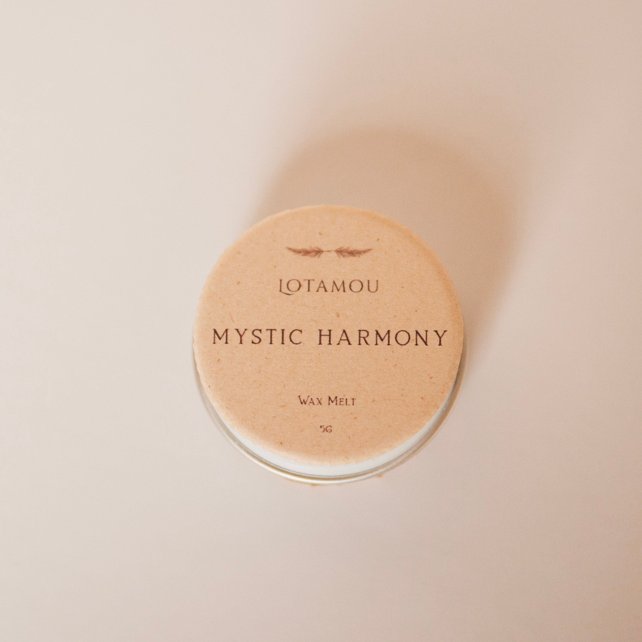 Round wax melt container labeled 'Mystic Harmony' by Lotamou on a beige background