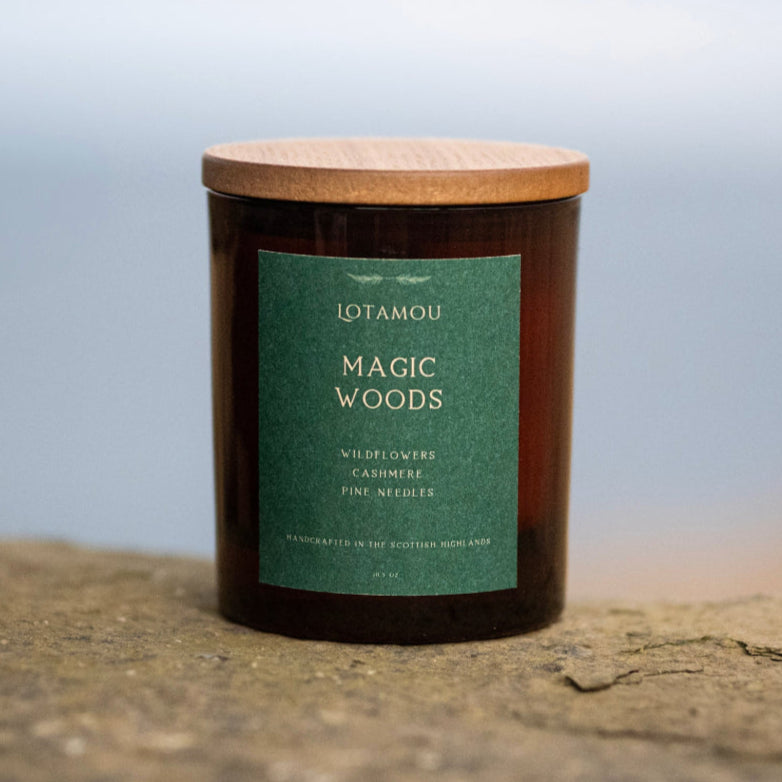 Natural soy candle, scented with the fragrance of Enchanted Forest. Wooden wick and silicone-free lid.